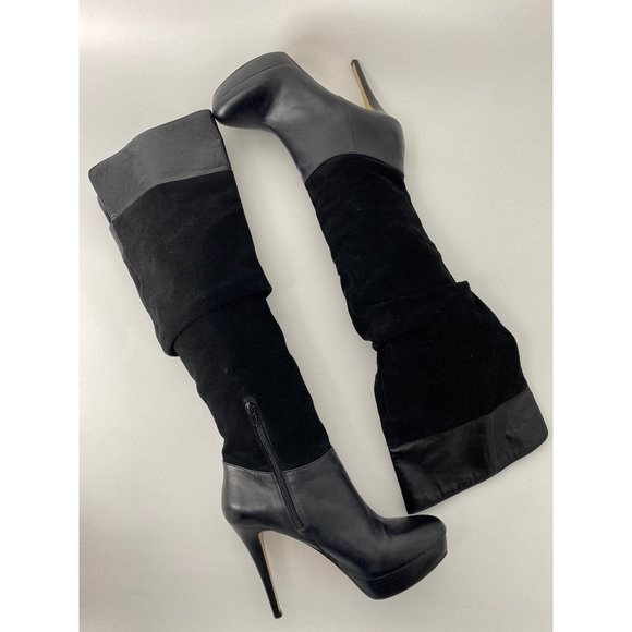 INC International Concepts Kenya Black Platform Leather and Suede Knee High Boot - Picture 2 of 7